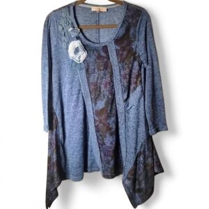 PRETTY ANGEL Indigo Blue linen blend bohemian asymmetrical tunic top, size M